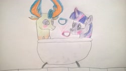 Size: 4208x2368 | Tagged: safe, artist:damiranc1, character:thorax, character:twilight sparkle, species:changeling, species:reformed changeling, ship:twirax, bath, bathing, blushing, female, magic, male, shipping, straight, telekinesis, traditional art