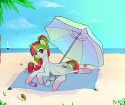 Size: 1995x1675 | Tagged: safe, artist:bestiary, oc, oc only, oc:watermelana, species:pony, beach, beach umbrella, boat, food, freckles, french fries, gradient hooves, looking at you, solo, sunbathing, sunglasses, towel