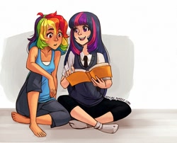 Size: 850x686 | Tagged: safe, artist:x-arielle, character:rainbow dash, character:twilight sparkle, species:human, :o, barefoot, book, clothing, cute, duo, feet, humanized, missing shoes, open mouth, sitting, smiling, socks, wide eyes