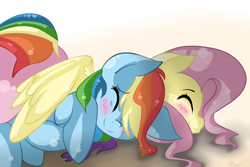 Size: 5000x3344 | Tagged: safe, artist:llamaswithkatanas, character:fluttershy, character:rainbow dash, species:pegasus, species:pony, ship:flutterdash, blushing, eyes closed, female, lesbian, mare, shipping, smiling, wing blanket