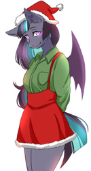Size: 505x945 | Tagged: safe, artist:kirani, oc, oc only, species:anthro, species:bat pony, anthro oc, bat pony oc, christmas, clothing, cute, dress, female, hat, holiday, looking at you, santa hat, shirt, simple background, skirt, smiling, solo, suspenders, thighs, white background, ych result