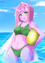 Size: 1259x1732 | Tagged: safe, artist:kirani, oc, oc only, species:anthro, species:pony, species:unicorn, anthro oc, ball, beach, belly button, bikini, blushing, clothing, cloud, female, green swimsuit, sky, solo, swimsuit, water, ych result