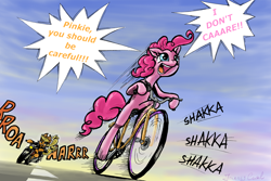 Size: 1800x1200 | Tagged: safe, artist:almaska, edit, character:applejack, character:pinkie pie, species:earth pony, species:pony, anatomically incorrect, bicycle, bipedal, clothing, female, happy wheels, hoof hold, incorrect leg anatomy, jacket, leather jacket, mare, motion lines, motorcycle, onomatopoeia, open mouth, pewdiepie, pinkie being pinkie, pinkie pie/ pewdiepie combiner, riding, semi-anthro, sky, smiling, street, yelling