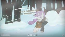 Size: 1920x1080 | Tagged: safe, artist:darkstorm619, oc, oc only, oc:snappy edit, species:pony, blizzard, clothing, dialogue, game hud, glasses, hud, saddle bag, simple background, snow, snowfall, solo, the long dark