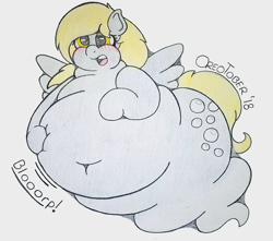 Size: 2412x2128 | Tagged: safe, artist:dorky-oreo-pone, character:derpy hooves, species:pegasus, species:pony, aderpose, belly, belly button, big belly, blushing, chubby cheeks, embarrassed, fat, female, floating, ghost, huge belly, obese, signature, simple background, solo, squishy, stomach noise, story included, traditional art, weight gain