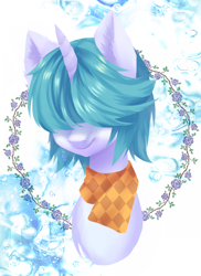 Size: 1200x1650 | Tagged: safe, artist:hikerumin, oc, oc only, species:pony, species:unicorn, bust, clothing, hair over eyes, portrait, scarf, solo, three quarter view, ych result