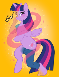 Size: 800x1035 | Tagged: safe, artist:hornbuckle, character:twilight sparkle, character:twilight sparkle (alicorn), species:alicorn, species:pony, bipedal, blushing, disappearing clothes, glasses, hand on face, human to pony, magic, male to female, rule 63, simple background, smiling, solo, sparkles, transformation, transgender transformation, yellow background