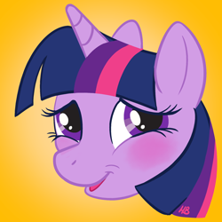 Size: 600x600 | Tagged: safe, artist:hornbuckle, character:twilight sparkle, character:twilight sparkle (alicorn), species:alicorn, species:pony, blushing, cute, female, head only, magic, portrait, simple background, smiling, solo, transformed, twiabetes, yellow background