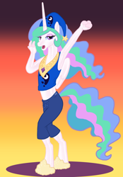 Size: 800x1147 | Tagged: safe, artist:hornbuckle, character:princess celestia, species:alicorn, species:anthro, species:pony, species:unguligrade anthro, clothing, female, finger hooves, gradient background, hand over mouth, hat, implied princess luna, jewelry, latex, lidded eyes, looking at you, nightcap, open mouth, pajamas, pants, peytral, regalia, rubber, rubber pony, shiny, shirt, sleepy, slippers, solo, stretching, yawn