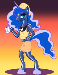Size: 800x1035 | Tagged: safe, artist:hornbuckle, character:princess luna, species:alicorn, species:anthro, species:pony, species:unguligrade anthro, bags under eyes, clothing, coffee, coffee mug, female, finger hooves, gradient background, hat, implied princess celestia, jewelry, latex, lidded eyes, looking at you, mug, nightcap, pajamas, peytral, regalia, rubber, rubber pony, shiny, shorts, slippers, solo, tank top, tired