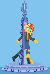 Size: 800x1178 | Tagged: safe, artist:hornbuckle, character:sunset shimmer, species:pony, species:unicorn, my little pony:equestria girls, blue background, boots, clothing, commission, disappearing clothes, human to pony, jacket, leather jacket, mirror portal, pants, ripping clothes, shirt, shoes, simple background, solo, transformation