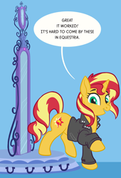 Size: 800x1175 | Tagged: safe, artist:hornbuckle, character:sunset shimmer, species:pony, species:unicorn, my little pony:equestria girls, blue background, clothing, commission, dialogue, female, happy, jacket, leather jacket, mirror portal, raised leg, simple background, smiling, solo, speech bubble, transformed