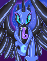 Size: 800x1035 | Tagged: safe, artist:hornbuckle, character:nightmare moon, character:princess luna, species:alicorn, species:pony, commission, fangs, female, latex, long tongue, looking at you, purple background, rubber, rubber pony, shiny, simple background, solo, tongue out