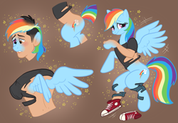 Size: 1159x800 | Tagged: safe, artist:hornbuckle, character:rainbow dash, species:pony, bipedal, blushing, brown background, clothing, commission, converse, disappearing clothes, human to pony, lip bite, magic, male to female, nervous, rule 63, shirt, shoes, simple background, smiling, sneakers, solo, sparkles, transformation, transformation sequence, transgender transformation