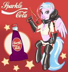 Size: 976x1035 | Tagged: safe, artist:hornbuckle, character:silverstream, species:anthro, species:hippogriff, species:unguligrade anthro, fallout equestria, advertisement, bedroom eyes, bottle, clothing, commission, crossover, fallout, female, gloves, jewelry, latex, necklace, nuka cola, nuka girl, ray gun, rubber, smiling, socks, solo, space helmet, sparkle cola, thigh highs, weapon