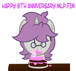 Size: 711x670 | Tagged: safe, artist:darkstorm619, derpibooru original, oc, oc only, oc:snappy edit, cake, candle, female, food, glasses, happy anniversary, happy birthday mlp:fim, mlp fim's eighth anniversary, simple background, solo, table, transparent background