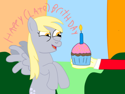 Size: 3264x2448 | Tagged: safe, artist:mrtheamazingdude, artist:mtad2, character:derpy hooves, species:human, species:pony, cupcake, female, food, happy birthday mlp:fim, mlp fim's eighth anniversary, muffin, offscreen character, solo focus