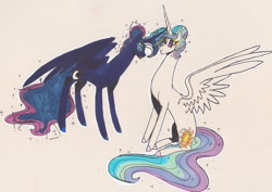 Size: 1024x724 | Tagged: safe, artist:draw1709, character:princess celestia, character:princess luna, species:pony, eyeshadow, horns are touching, magic, makeup, royal sisters, traditional art