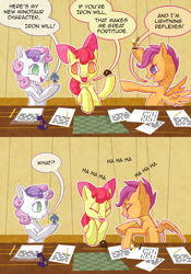 Size: 840x1200 | Tagged: safe, artist:curiousglaistig, character:apple bloom, character:iron will, character:scootaloo, character:sweetie belle, species:pony, ask pun, ask, cutie mark crusaders, figurine, laughing