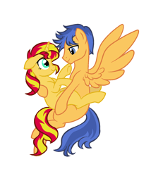 Size: 1089x1273 | Tagged: safe, artist:neighsay, character:flash sentry, character:sunset shimmer, species:pegasus, species:pony, species:unicorn, ship:flashimmer, cute, diasentres, female, floppy ears, looking at each other, male, mare, missing cutie mark, shimmerbetes, shipping, show accurate, spread wings, stallion, straight, wings
