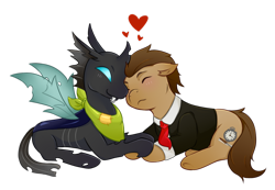 Size: 1024x710 | Tagged: safe, artist:guiltyp, oc, oc only, oc:clock, oc:forge, species:changeling, species:earth pony, species:pony, bandana, blushing, clothing, eyes closed, floating heart, gay, heart, male, necktie, prone, simple background, stallion, transparent background