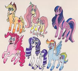 Size: 1024x941 | Tagged: safe, artist:draw1709, character:applejack, character:fluttershy, character:pinkie pie, character:rainbow dash, character:rarity, character:twilight sparkle, species:earth pony, species:pegasus, species:pony, species:unicorn, g5 leak, leak, applejack (g5), fluttershy (g5), mane six, mane six (g5 leak), pegasus pinkie pie, pinkie pie (g5), race swap, rainbow dash (g5), rarity (g5), traditional art, twilight sparkle (g5), unicorn fluttershy