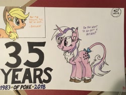 Size: 4032x3024 | Tagged: safe, artist:gtx, character:applejack, species:classical unicorn, species:pony, species:unicorn, g1, 35th anniversary, anniversary, clothing, cloven hooves, cowboy hat, female, g's bad handwriting, g1 to g4, generation leap, hat, implied ponies eating meat, leonine tail, stetson, traditional art, unshorn fetlocks