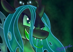 Size: 1366x986 | Tagged: safe, artist:cosmic-rust, character:queen chrysalis, species:changeling, abstract background, changeling queen, female, grin, smiling, solo