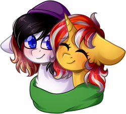 Size: 1876x1698 | Tagged: safe, artist:grapegrass, oc, oc only, oc:cinderheart, oc:rory gigabyte, species:pegasus, species:pony, species:unicorn, accessories, beanie, blushing, bust, chest fluff, clothing, colored pupils, cute, eyes closed, female, hat, male, mare, missing accessory, nuzzling, oc x oc, ocbetes, scarf, shading, shared clothing, shared scarf, shipping, simple background, smiling, stallion, straight, transparent background, ych result