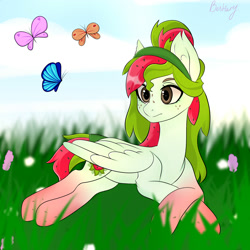 Size: 2000x2000 | Tagged: safe, artist:bestiary, oc, oc only, oc:watermelana, species:pegasus, species:pony, butterfly, cloud, flower, freckles, gradient hooves, grass, lying down, sky, solo