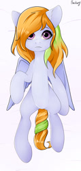 Size: 896x1888 | Tagged: safe, artist:bestiary, oc, oc only, species:pegasus, species:pony, bed, body pillow, body pillow design, commission, female, frown, hair over one eye, looking at you, mare, signature, solo, ych result