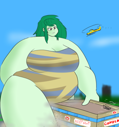 Size: 3000x3200 | Tagged: safe, artist:feyzer, character:wallflower blush, my little pony:equestria girls, bbw, building, city, clothing, fat, female, giantess, helicopter, huge, macro, obese, one-piece swimsuit, small head, solo, ssbbw, swimsuit, wallfatter blush