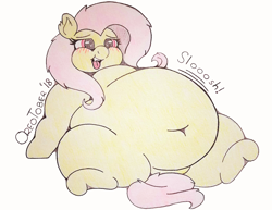 Size: 2856x2200 | Tagged: safe, artist:dorky-oreo-pone, character:flutterbat, character:fluttershy, species:bat pony, species:pony, bat ponified, belly, belly button, big belly, blushing, chubby cheeks, fat, fattershy, female, flubberbat, high res, huge belly, leaning back, obese, open mouth, race swap, signature, simple background, solo, squishy, stomach noise, story included, tongue out, traditional art, weight gain