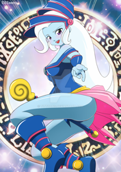 Size: 900x1273 | Tagged: safe, artist:tittoons, character:trixie, my little pony:equestria girls, anime, ass, breasts, butt, clothing, crossover, dark magician girl, female, obtrusive watermark, sideboob, solo, the great and powerful ass, thighs, watermark, yu-gi-oh!
