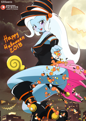 Size: 905x1280 | Tagged: safe, alternate version, artist:tittoons, character:trixie, my little pony:equestria girls, ass, breasts, butt, female, halloween, holiday, legs, looking at you, moon, patreon, patreon logo, solo, the great and powerful ass, thighs, yu-gi-oh!