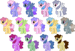 Size: 5200x3540 | Tagged: safe, artist:silvervectors, character:blueberry punch, character:dizzy twister, character:dust devil, character:orange swirl, character:peppermint crunch, character:rainbowshine, species:earth pony, species:pegasus, species:pony, .ai available, absurd resolution, background pony, berry frost, blank flank, candy floss (character), elphaba trot, female, forest spirit (character), juicy fruit, mare, palette swap, q. t. prism, raised hoof, recolor, simple background, slipstream, spread wings, sugar twist, transparent background, vector, wing wishes, wings