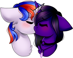 Size: 1688x1348 | Tagged: safe, artist:grapegrass, oc, oc only, oc:free quill, oc:nova aurora, species:pony, species:unicorn, blushing, collar, couple, crossed horns, eyes closed, female, jewelry, kissing, male, mare, necklace, qurora, stallion
