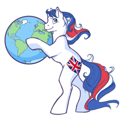 Size: 650x631 | Tagged: safe, artist:reaperfox, oc, oc:britannia (uk ponycon), species:earth pony, species:pony, g1, bipedal, earth, female, globe, mare, mascot, pony bigger than a planet, simple background, solo, uk ponycon, white background