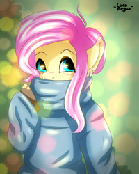 Size: 1280x1600 | Tagged: safe, artist:lucaaegus, character:fluttershy, species:pegasus, species:pony, blue, blue sweater, bust, christmas, clothing, cute, ear fluff, female, holiday, looking at you, mare, pink, portrait, shyabetes, solo, sweater, sweatershy, three quarter view, turtleneck