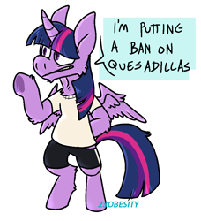 Size: 864x947 | Tagged: safe, artist:pony-puke, character:twilight sparkle, character:twilight sparkle (alicorn), species:alicorn, species:pony, clothing, female, mare, semi-anthro, shirt, shorts, simple background, solo, t-shirt, they're just so cheesy, turophobia, underhoof, white background