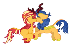 Size: 1861x1285 | Tagged: safe, artist:neighsay, character:flash sentry, character:sunset shimmer, species:kirin, ship:flashimmer, episode:sounds of silence, g4, my little pony: friendship is magic, cloven hooves, colored hooves, eyebrows, eyes closed, female, kirin flash, kirin sunset, kirin-ified, kissing, male, profile, shipping, simple background, species swap, straight, white background