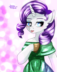 Size: 1280x1600 | Tagged: safe, artist:lucaaegus, character:rarity, species:anthro, christmas, clothing, dress, green, green dress, holiday, pink, sparkle, winter