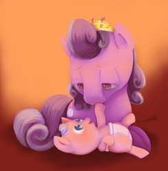 Size: 1100x1122 | Tagged: safe, artist:xiao668, character:diamond tiara, character:screwball, species:pony, baby, baby pony, calm, cute, diaper, foal, mother, mother and daughter, painting, pony pov series, tiara