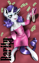 Size: 800x1280 | Tagged: safe, artist:valemjj, character:rarity, species:pony, species:unicorn, bow, bracelet, clothing, cover, diamond, dress, ear piercing, earring, elegant, evening gloves, eyeshadow, gloves, jewelry, long gloves, makeup, material girl, money, necklace, pearl necklace, piercing