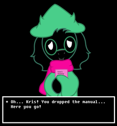 Size: 885x954 | Tagged: safe, artist:darkstorm619, derpibooru original, species:goat, species:pony, spoiler:deltarune, deltarune, dialogue, fluffy boi, glasses, holding, looking at you, male, manual, ponified, ralsei, solo