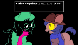 Size: 1474x862 | Tagged: safe, artist:darkstorm619, species:goat, species:pony, spoiler:deltarune, ambiguous gender, black background, blushing, clothing, colored sclera, crossover, cute, deltarune, dialogue, duo, eye contact, fangs, fluffy boi, glowing eyes, hat, lidded eyes, looking at each other, male, niko (oneshot), oneshot, open mouth, ponified, ralsei, scarf, simple background, slit eyes, smiling, text, undertale