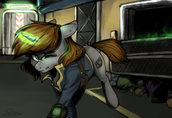 Size: 5100x3500 | Tagged: safe, artist:ognifireheart, oc, oc only, oc:littlepip, species:earth pony, species:pony, species:unicorn, fallout equestria, clothing, cutie mark, fallout, fanfic, fanfic art, female, fight, floppy ears, glowing horn, hooves, horn, jacket, magic, male, mare, one eye closed, pipbuck, signature, solo focus, stallion, telekinesis, vault suit