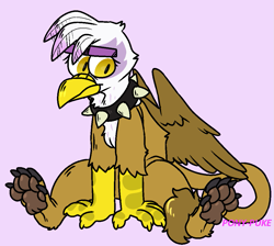 Size: 1063x951 | Tagged: safe, artist:pony-puke, character:gilda, species:griffon, choker, collar, female, lidded eyes, paw pads, paws, simple background, sitting, solo, spiked choker, spiked collar, toe beans, underpaw