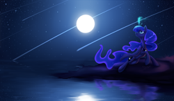 Size: 3600x2100 | Tagged: safe, artist:bronyseph, character:princess luna, species:alicorn, species:pony, cute, female, full moon, glowing horn, high res, looking up, lunabetes, magic, mare, moon, night, night sky, ocean, peytral, raised hoof, reflection, shooting star, shooting stars, signature, sky, smiling, solo, starry night, water