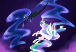 Size: 5200x3600 | Tagged: safe, artist:bronyseph, character:nightmare moon, character:princess celestia, character:princess luna, species:alicorn, species:pony, crying, fangs, female, fight, flying, glowing horn, mare, open mouth, sad, sharp teeth, teeth